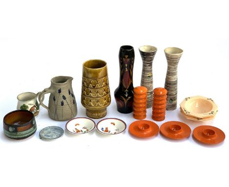 A mixed lot to include mid century Rosti Denmark plastic eggcups, Graham Peter Glynn Skipton studio pottery stoneware jug, bl