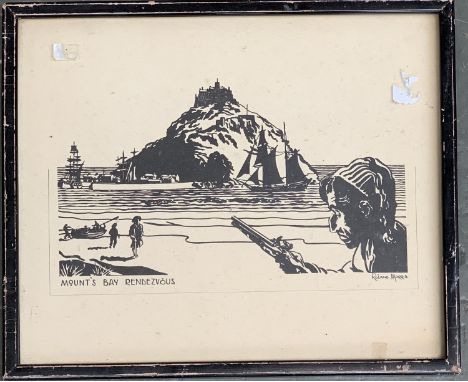 Roland Morris, 'Mount's Bay Rendezvous', print of a woodblock illustration, 25x30cm (internal frame dimensions) 