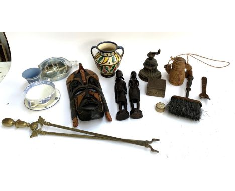 A mixed lot to include carved wooden figures, tribal mask, fire tongs, Wedgwood Jasperware, brass trinket pot etc 