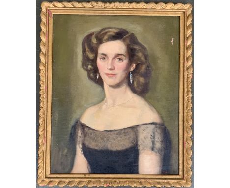 20th century oil on canvas, portrait of a lady in black dress, signed indistinctly, 51x41cm 