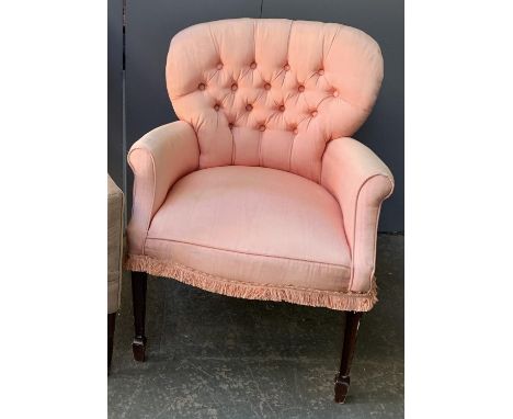 A small pink  upholstered button back armchair, on square tapered legs and spade legs, 64cmW 