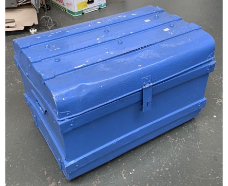 A blue painted metal travel trunk, 71cmW 