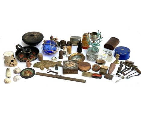 A mixed lot to include fisherman's float, folding yard stick, money box, Russian nesting dolls, novelty cigarette, enamel can