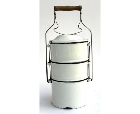 An enamel three tier tiffin box, 42.5cmH to top of handle 