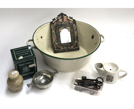 A mixed lot to include enamel wash basin, shaving mug, tastevin, a quantity of keys, etc 