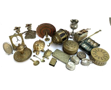 A mixed lot of metal items to include chestnut roaster, hanging brass lantern, photo frames, tortoise trinket pots, Harrod's 