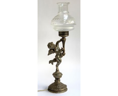 A silver plated figural cherub lamp converted for electric use with an etched glass shade, 70.5cmH to top of shade 