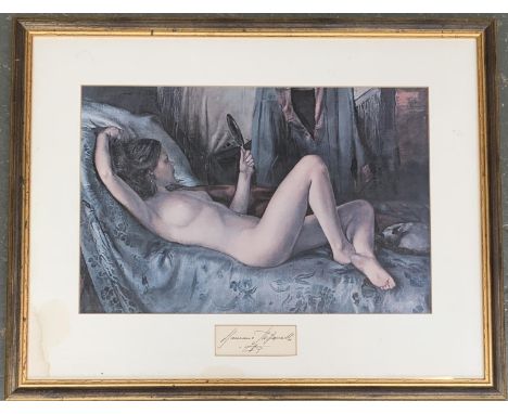 Colour print of a reclining nude with looking glass, 35x52cm 