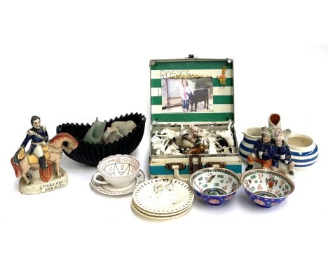 A mixed lot to include several Staffordshire flatbacks, including Marshal Arnaud; horse figurines; Cornish style ware 