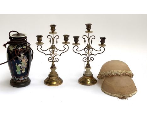 Two gilt metal three arm candlesticks, 32cmH, together with 2 frosted glass light shades and a Chinese lamp base on turned wo