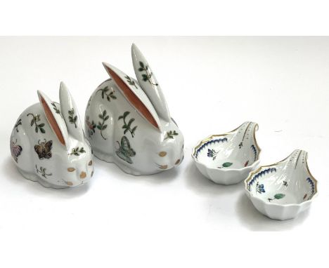 A pair of Richard Ginori dishes, 11cmL; together with two floral decorated ceramic rabbits, 13cmH and 11cmH 
