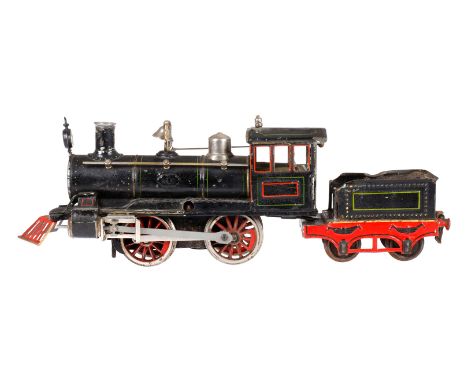 Märklin amerik. B-Dampflok AR 1021, Spur 1, uralt, Uhrwerk intakt, mit Tender, Kuhfänger, Glocke, Bremse, v+r, langsam und sc