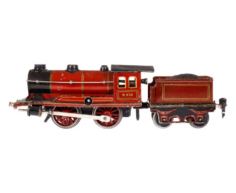 Märklin B-Dampflok R 950, Spur 0, braun/schwarz, mit Tender, Uhrwerk def., LS und gealterter Lack, Z 3