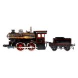 Bing B-Dampflok, Spur 0, uralt, spiritusbetrieben, schwarz, mit Tender, Brenner, Pfeife und 2