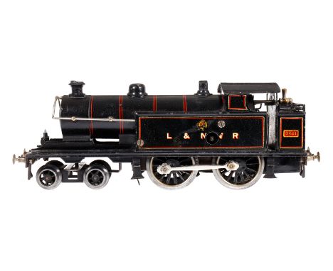 Bing/Basset-Lowke 2-B Tenderlok 3611 LNWR, Spur 0, Uhrwerk intakt, mit 1 imit. Stirnlampe (1 fehlt), Bremse, v+r, langsam und