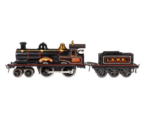 Bing engl. 2-B Dampflok ”Jupiter” 1902 LNWR, Spur 0, uralt, Uhrwerk intakt, schwarz, mit Tender, v+r und Bremse, Stirnlampen 
