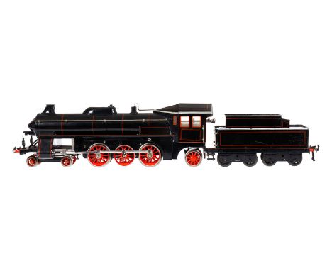 Bing 2-C-1 Dampflok 11/427, Spur 1, Uhrwerk intakt, schwarz, mit Tender, 2 imit. Stirnlampen (1 fehlt), v+r, Bremse, langsam 