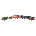 Bub? B-Dampflok 23450, Spur 0, elektr., grün, mit 1 el. bel. Stirnlampe, dazu 1 Tender und 3