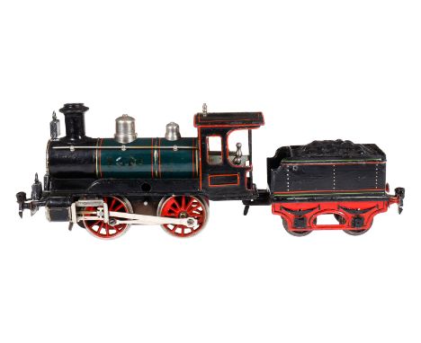 Märklin B-Dampflok 1021, Spur 1, uralt, Uhrwerk intakt, grün/schwarz, mit Tender, 3 imit. Stirnlampen, Bremse, v+r, langsam u