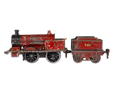Märklin engl. B-Dampflok ”281” R 1030 MR, Spur 0, Uhrwerk intakt, rotbraun/schwarz, mit Tender, NV, zum Herrichten