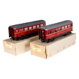 2 Fleischmann Speisewagen 411, Spur 0, rot, 1 Kupplung lose, Alterungsspuren, L 23,5, je im OK,