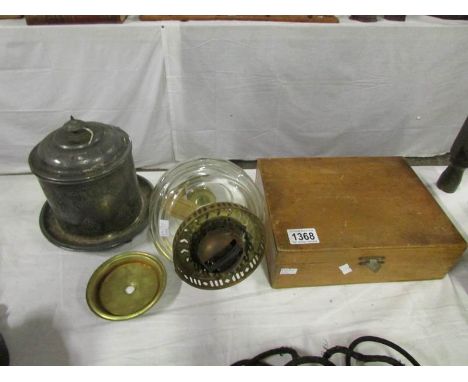 A student microscope, an oil lamp font and a silver plated biscuit barrel