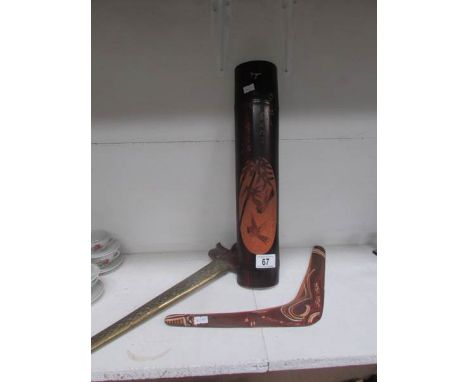 A Chinese inlaid half bamboo, a boomerang and one other item