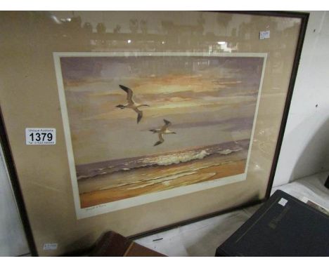 A framed and glazed signed fine art print 'Gannets at dawn'
