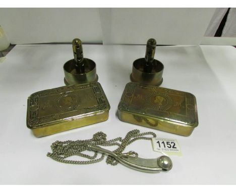 2 WW1 Christmas tins, 2 items of trench art and a bosun's whistle on chain