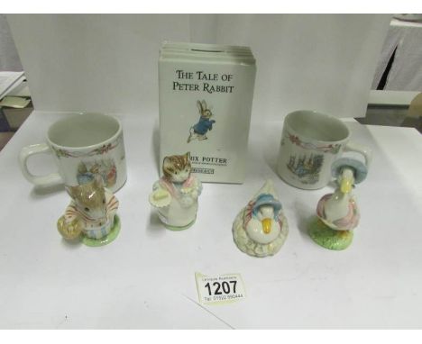 A mixed lot of Beatrix Potter items including 3 Royal Albert figures, a Beswick figure, A Wedgwood money box and 2 cups