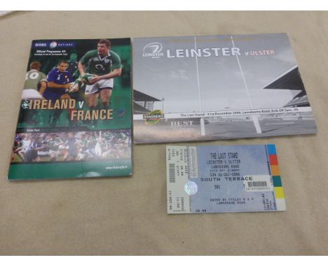 Irish Rugby to include last match played at Lansdowne Road Leinster v Ulster 21/12/2006 with match ticket and first programme