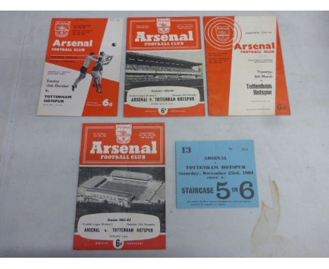 Arsenal v Spurs football programme and match ticket form 1961/62 plus programmes for 62/63, 63/64 & 65/66