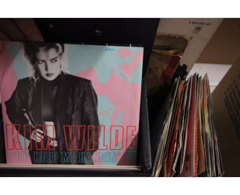Vinyl - Collection of around 70 45s mainly 80s including Kim Wilde, A-Ha, Bucks Fizz in a vintage record box plus a few LPs a