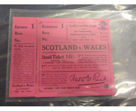 Rugby Union Wales v Scotland match ticket played 3rd February 1923 with original counterfoil detached, Scotland won the match