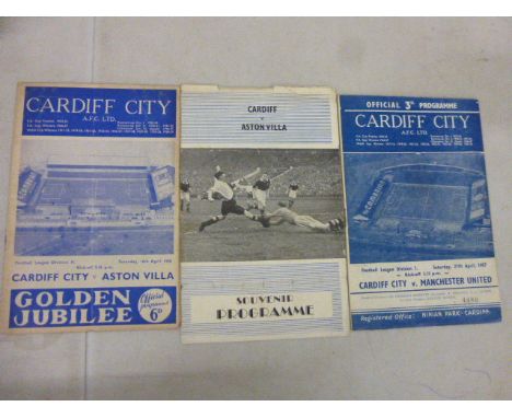 Three Cardiff City home football programmes to include v Manchester United 27th April 1957, Aston Villa 1960 with the pirate 