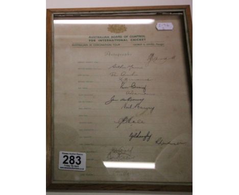 Australian XI Coronation tour to England 1953 signed cricket team sheet with 17 signatures / autographs of Ray Lindwall, Keit
