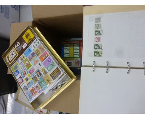 Carton of stamps with Ace stamp album, quantity of world stamps on 7 off paper plus Typhoo football cards