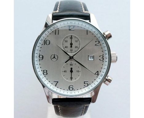 A rare and genuine Mercedes-Benz Classic Aviator Pilots chronograph c.2002. Steel watch head with silvered face, Mercedes log