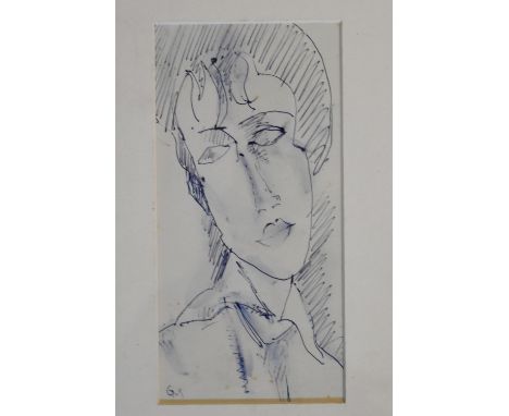 A gilt framed and glazed ink sketch, portrait in the manner of Modigliani, monogrammed. H.34 W.28cm 