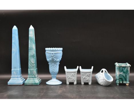 A pair of Victorian blue slag glass obelisks, a similar vase along with a pair of dressing table boxes etc. H.29cm 