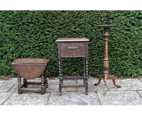 A mid century antique style sewing box on barleytwist supports, a similar small drop flap table and a Georgian style torchere