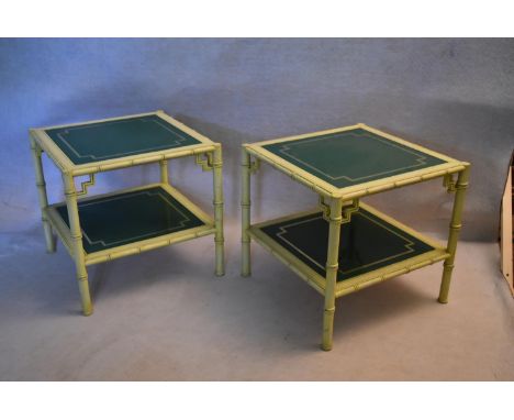A pair of mid 20th century Chinese style painted lamp tables with inset glass tops and under tiers. H.54 W.55cm 