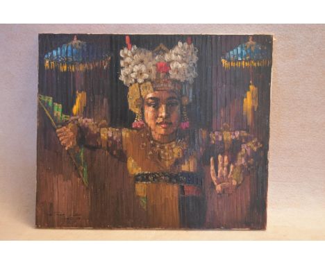 Oil on canvas, portrait study, woman in ceremonial headdress, indistinctly signed. H.51 W.60cm 