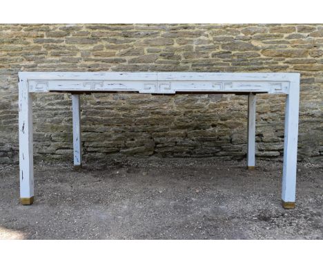 A Chinese hardwood distressed painted dining table with two extra leaves. H.70 W.160 D.108cm (ext.250cm) 