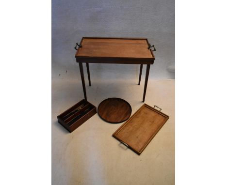 A vintage folding table with patent action, the "Osterley" table tray along with two other vintage trays and a 19th century m