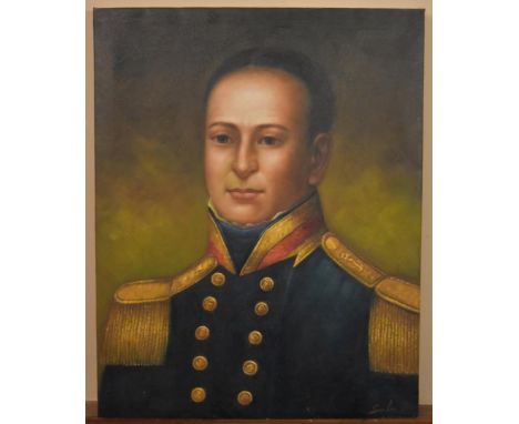 Oil on canvas, head and shoulders portrait of a 19th century naval officer, indistinctly signed. H.76 W.60cm 