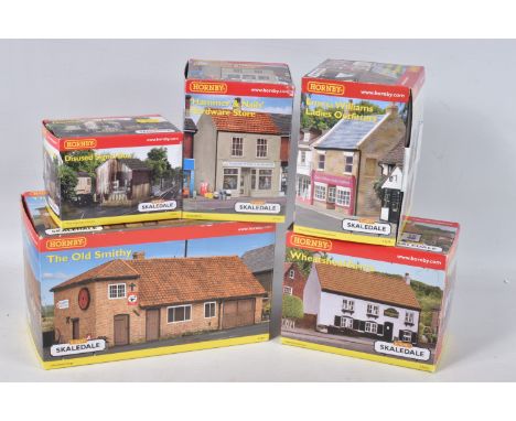 FIVE BOXED HORNBY SKALEDALE MODEL RAILWAY BUILDINGS, to include a Wheatsheaf Arms no. R9652, a Disused Signal Box no. R9730, 