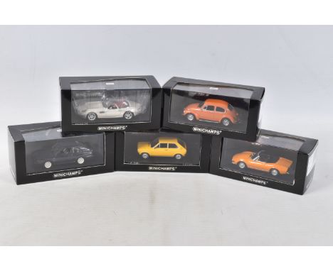 FIVE BOXED MODEL MINICHAMPS COLLECTORS CARS, all 1:43 scale, to include a 1972 Fiat Dino Spider in Gialio Postano Yellow, 1 o