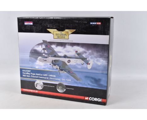 A BOXED CORGI HANDLEY PAGE HALIFAX GRII MODEL PLANE SCALE 1:72, numbered AA37207, painted white and green and grey camo, appe