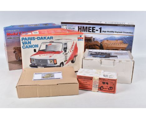 SIX BOXED UNBUILT MODEL CAR KITS, to include a Carmichael Commando rapid Intervention Vehicle , RSH Fire Model T16, Bham and 